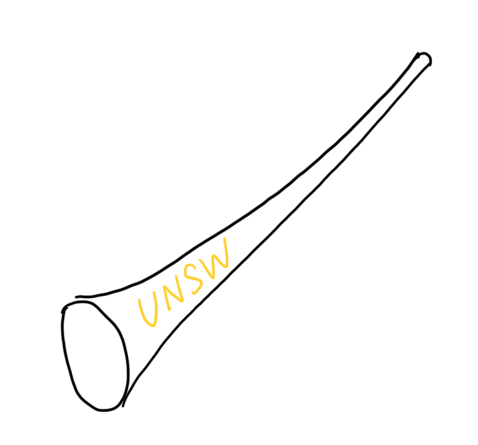 A vuvuzela with 'UNSW' printed on its side in yellow letters. 