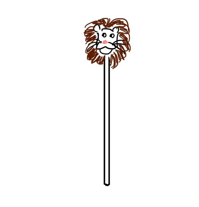  A toy lion head on the end of a stick. 