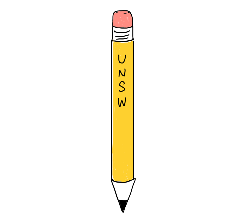 A giant yellow pencil with a pink eraser on one end. 'UNSW' is printed on its side in black lettering. 