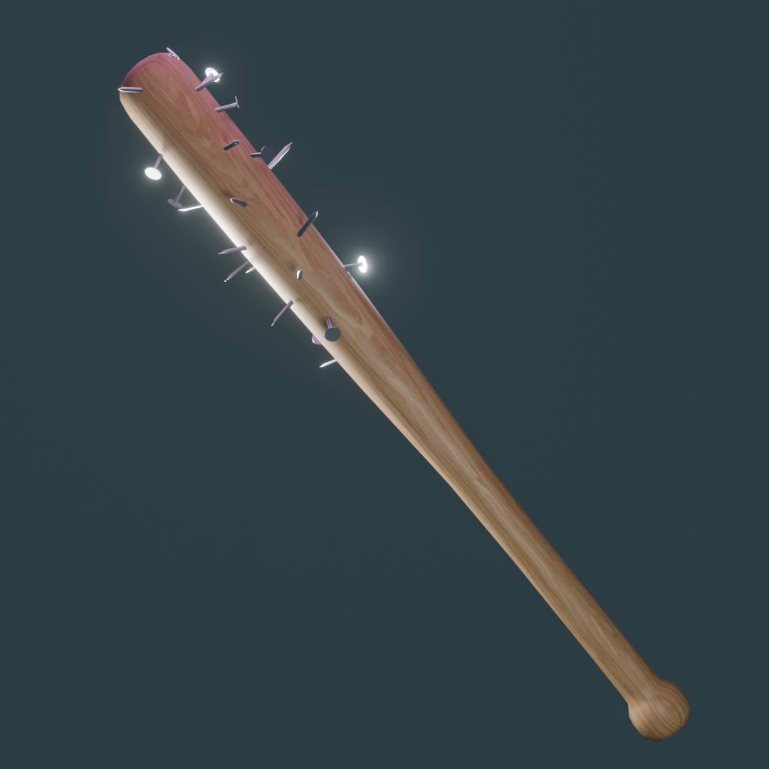 A wooden baseball bat with a fuckton of nails on it. Credits: Ren